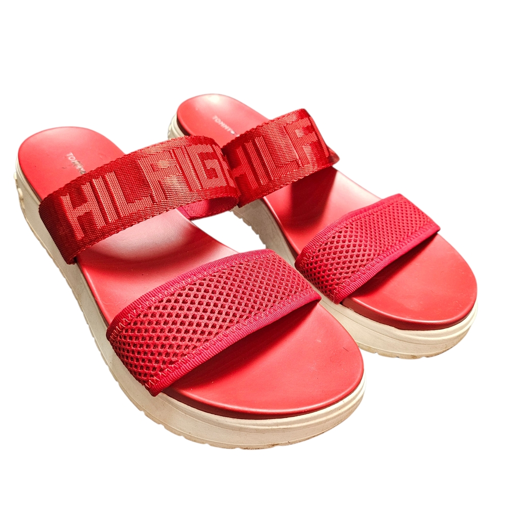 Tommy Hilfiger Textile Red Slider Sandals With Branding Across Foot Size 9.5